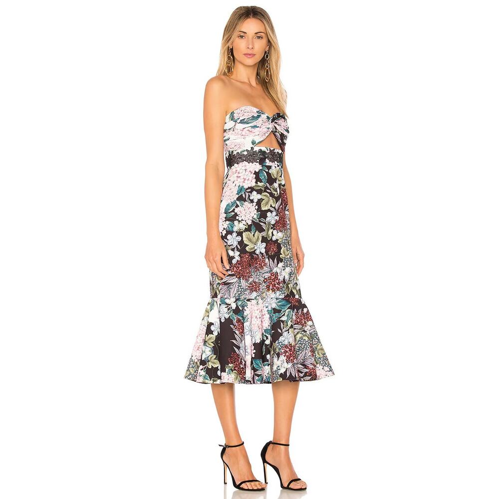 Keepsake Lost Dreams Strapless Flare Midi Dress Lace Trim Floral Multi Size L